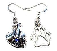 Royal Swan Mismatched Antique Silver Dog Lover Earrings on Sterling Silver Hooks in a Velvet Gift Bag, Rover Dog Bowl & Paw Jewelry