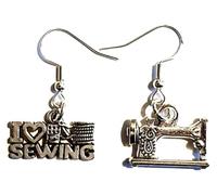 Royal Swan Mismatched, Antique Silver 'I Love Sewing' & Sewing Machine Earrings on Sterling Silver Hooks in a Velvet Gift Bag.Sewer, Machinist, Crafter Earrings.