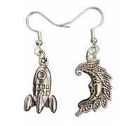 Royal Swan Mismatched, Antique Silver Rocket & Moon Earrings on Hallmarked Sterling Hooks in a Velvet Gift Bag. Planets, Asymmetrical, Space Travel, Moon Landing UFO Earrings.