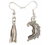 Royal Swan Mismatched, Antique Silver Rocket & Moon Earrings on Hallmarked Sterling Hooks in a Velvet Gift Bag. Planets, Asymmetrical Moon Landing UFO Earrings.