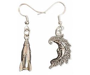 Royal Swan Mismatched, Antique Silver Rocket & Moon Earrings on Hallmarked Sterling Hooks in a Velvet Gift Bag. Planets, Asymmetrical Moon Landing UFO Earrings.