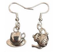Royal Swan Mismatched, Antique Silver Teapot with 'Tea Time' Engraved & Tea Cup with Saucer Earrings on Hallmarked Sterling Silver Hooks in a Velvet Gift Bag.