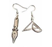 Royal Swan Mismatched Fountain Pen & Protractor Dangle Earrings, Antique Silver with Sterling Silver Hooks, 4cm Drop Length, Architect Mathematician Planner Theme