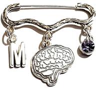 Royal Swan Personalised Antique Silver Brain Brooch with an Initial & Birthstone in a Velvet Gift Bag. Psychiatrist, Genius, Brain Surgeon Badge/Pin.