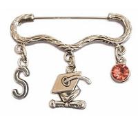 Royal Swan Personalised, Antique Silver & Crystal Graduation Brooch with Mortarboard Hat & Scroll Charm, Initial & Birthstone in a Velvet, Drawstring Gift Bag. Graduate Badge/Pin.