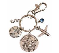 Royal Swan Personalised, Antique Silver, Double-Sided ST. CHRISTOPHER PROTECT US' Keychain with Globe, Aeroplane, Initials & Birthstone. Traveller, Pilot, Cabin Crew Keyring, Gap Year Bag Charm.
