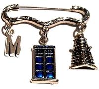 Royal Swan Personalised Antique Silver & Enamel Whovian Brooch with Police Phone Box, Dalek & Initial in a Velvet Gift Bag. Who Pin/Badge. 4.5 x 3 cm