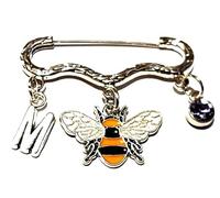 Royal Swan Personalised Antique Silver with Enamel Honey Bee, Manchester Bee Brooch With Initial & Birthstone in a Velvet Gift Bag. 4.5 cm x 3 cm Bumblebee Pins & Badges.