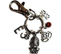 Royal Swan Personalised Ganesha, Om & Lotus Keychain with Initials, Birthstone & the Present Year in a Velvet gift Bag. Ganesh, Aum, Hindu, Diwali Keyring.