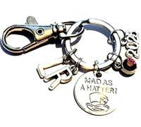 Royal Swan Personalised 'Mad As A Hatter' Keychain with Initials, Birthstone & Year in a Velvet Gift Bag., Mad Person Keychain, BBF, BFF, Bestie, Father's Day Keyring