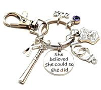Royal Swan Personalised 'She Believed She Could' Police Dept, Baton & Handcuffs Keychain with Initials, Present Year & Birthstone. Police Graduation/Promotion Keyring.
