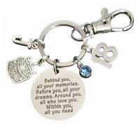 Royal Swan Personalised, Stainless Steel Happy 18th Birthday Quote Keychain with Initials & Birthstone in a Velvet Gift Bag. Behind You Eighteenth Birthday Keyring