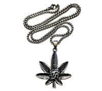 Royal Swan Stainless Steel Cannabis Leaf with Skull Marijuana Pendant Necklace with a 60cm Stainless Steel Chain Punk Hip Hop Stoner Hemp Weed Maple Leaf Jewelry