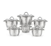 Royal Swiss 12-Piece Stainless Steel Pot & Pan Sets,Kitchen Cookware Set,with Glass Lids Stay-Cool Handles Tongs Soup Ladle, for All Heat Sources Including Induction