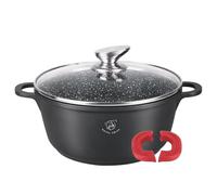 Royal Swiss 24 cm Black 4L Cooking Pot - Marble Coating Non-Stick Glass Lid, Induction & Oven Friendly, Cast Aluminium, Removable Silicone Handles