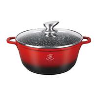 Royal Swiss 28 cm Saucepan Black 6 Litre Marble Coating Glass Lid Induction Oven Safe Cast Aluminium Removable Silicone Handles (Black Red 28 cm)