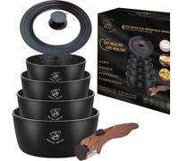 Royal Swiss 6 Piece Saucepan Set with Removable Handle - 14/16/18/20 cm Non Stick Pans with Universal Glass Lid - Induction Ready, Oven Safe, Stackable Cookware Set