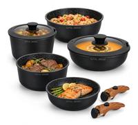 Royal Swiss 9-Piece Non-Stick Cookware Set with Removable Handles - Aluminium Pots & Pans Set with Glass Lids, Induction Compatible, Space Saving Stackable Kitchen Cookware Set, PFOA Free