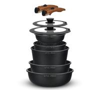 Royal Swiss 9-Piece Non-Stick Cookware Set with Removable Handles - Aluminium Pots & Pans Set with Glass Lids, Induction Compatible, Space Saving Stackable Kitchen Cookware Set, PFOA Free