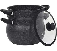 Royal Swiss Couscous Maker Diameter 30 cm - 14L with Glass Lid - Non-Stick Stone Coating - Black Aluminium - Suitable for All Heat Sources Including Induction - Steamer for Couscous & Vegetables