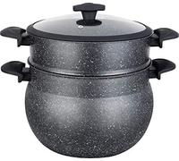 Royal Swiss Couscous Maker Diameter 30 cm - 14L with Glass Lid - Non-Stick Stone Coating - Black Aluminium - Suitable for All Heat Sources Including Induction - Steamer for Couscous & Vegetables (8L)