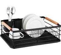 Royal Swiss Dish Drying Rack with Drip Tray & Cutlery Holder - Heavy Duty Metal Dish Drainer with Wooden Handles, Space Saving Kitchen Rack, Black