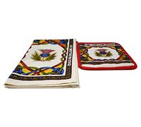 Royal Tara Scottish Weave Tea Towel & Pot Holder with Pink Thistle Tea Towel -26.3 inch W - 17.7 inch Pot Holder H -8.6 inch W -8.6 inch