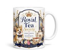 Royal Tea Society Corgi Crown Ceramic Coffee Mug | Funny Tea Quote, Novelty Drinkware, White Ceramic, Corgi Lover Design, Royal Theme