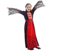Royal Vampire Costume, Girls Halloween Dress, Black and Red Victorian Style, Long Sleeve Lace Dress with Stand Collar, Ages 3-14 Years (9-12 Years)