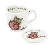 Royal Worcester Purrfect Christmas Mug & Coaster Set - 11 oz Fine Bone China Holiday Mug Set with Woodland Creatures - Wrendale Designs Christmas Coffee Mugs, Microwave & Dishwasher Safe