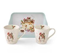 Royal Worcester x Wrendale Designs Holly Jolly Mugs and Tray Set - Porcelain & Melamine, Perfect for Tea or Coffee, Featuring Christmas Mice Illustrations by Artist Hannah Dale
