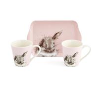 Royal Worcester x Wrendale Designs Mug and Tray Set - Porcelain & Melamine, Perfect for Tea or Coffee Time with Your Partner, Bathtime Rabbit Pink Design