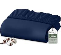Royale Linens 100% Organic Cotton Fitted Sheet - Percale Weave - Super Soft Deep Pocket Bottom Sheets - Navy Elastic Sheet Queen Size - Queen Fitted Sheets Only - (60"x80"+15", Navy)