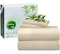 Royale Linens Bamboo Viscose Queen Sheet Set - Cooling Bed Sheet Set - 1 Fitted, 1 Flat & 2 Pillowcase - Fits Up to 16" - Organic Viscose Derived from Bamboo - Bedding Sheet & Pillowcase (Queen, Sand)