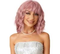 Royalfirst Women's Short Bob Purple Pink Wigs with Bangs Curly Wavy Shoulder Length Synthetic Cosplay Pary Daily Use Pastel Wigs For Women Girls Colorful wigs (Pink, 12Inch)