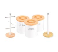 Royalford 5-Piece Kitchen Countertop Storage Set | Tea, Sugar, Coffee Canisters, Freestanding Kitchen Paper Roll Holder & Display Mug Holder Matching Set | White