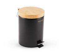 Royalford 5L Pedal Bin with Bamboo Lid and Removable Basket - Soft Close Round Waste Container for Kitchen, Bedroom, Bathroom, Office - Black
