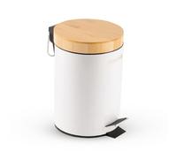 Royalford 5L Pedal Bin with Lid & Removable Basket - Round Bin with Bamboo Lid Kitchen Waste Bin with Soft Close - Small Bin for Bedroom - Sanitary Rubbish Bin for Toilet Bathroom Office, White
