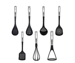 Royalford 7 PC Nylon Kitchen Utensil Set for Cooking | Serving Spoon, Slotted Spoon, Slotted Spatula, Skimmer, Soup Ladle, Egg Whisk & Potato Masher Set | Safe for Non-Stick Cookware, BPA Free & Heat