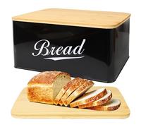 RoyalHouse Modern Metal Bread Box with Bamboo Cutting Board Lid, Bread Storage Container for Kitchen Counter, Vintage Kitchen Decor Organizer - Black