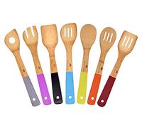 ROYALHOUSE Wooden Kitchen Utensils Set - 7 Piece Bamboo Cooking Tools - Cooking Spoons and Spatulas colored handles, Kitchen Tools - Wood Tool Utensil Sets for Nonstick Pan and Cookware