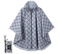 Royalotic Rain Poncho Reusable Adult Waterproof Hood Raincoat Packable Rain Jacket Zipper Rainwear Lightweight Cape with Pocket (grid gray strip)