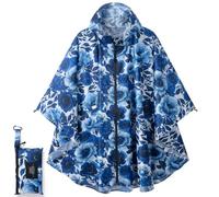 Royalotic Rain Poncho Reusable Adult Waterproof Raincoat with Hood and Zipper, Lightweight Packable Rain Jacket Cape with Pocket for Men and Women (Blue Flower, One Size)