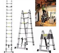 Royalswill 3.8M Telescopic Ladder 12.5FT Extension 1.9M+1.9M A-Frame Multi-Purpose Folding Aluminium Telescoping Lightweight Portable Loft Ladders, 330lb Capacity, EN131, Silver
