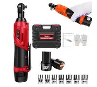 Royalswill Red 3/8 Inch Cordless Ratchet Wrench 12V Power Right Angle Electric Ratchet Wrench Multi-Purpose Repair Tool with 2 Rechargeable Lithium-Ion Battery and 1 Charger