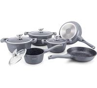 ROYALTY LINE, 13-Piece Cookware Set, Aluminium, Marble Coating, with Removable Silicone Handles, Compatible with All Heat Sources, Various Sizes, Grey Color