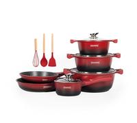ROYALTY LINE, 13-Piece Cookware Set, Cast Aluminium, Marble Coating, with Removable Silicone Handles, Compatible with All Heat Sources, Red Color