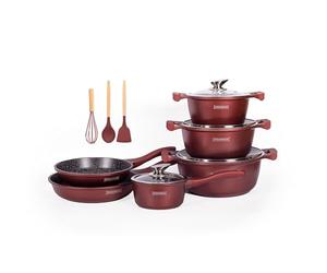 ROYALTY LINE, 13-Piece Cookware Set, Cast Aluminium, Marble Coating, with Removable Silicone Handles, Compatible with All Heat Sources, Bronze Color