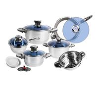 ROYALTY LINE, 16-Piece Stainless Steel Cookware Set, Frying Pan, Saucepans with Glass Lids + Accessories, Compatible with All Heat Sources, Silver