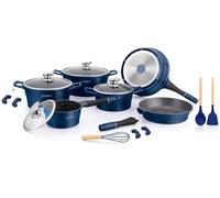 ROYALTY LINE, 17-Piece Cookware Set, Pressure-Cast Aluminium, Marble Coating, with Removable Silicone Handles, Compatible with All Heat Sources, 24-28 cm, Blue